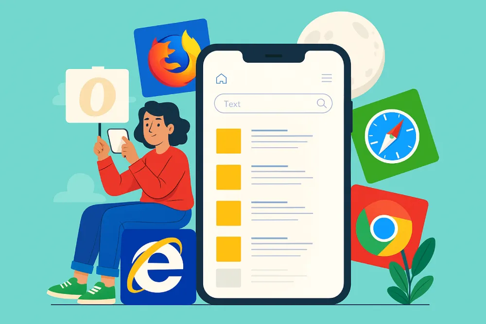 Illustration of a person using a mobile device, sitting next to a large smartphone screen with search results, surrounded by colorful web browser logos like Chrome, Firefox, Safari, Opera, and Internet Explorer.